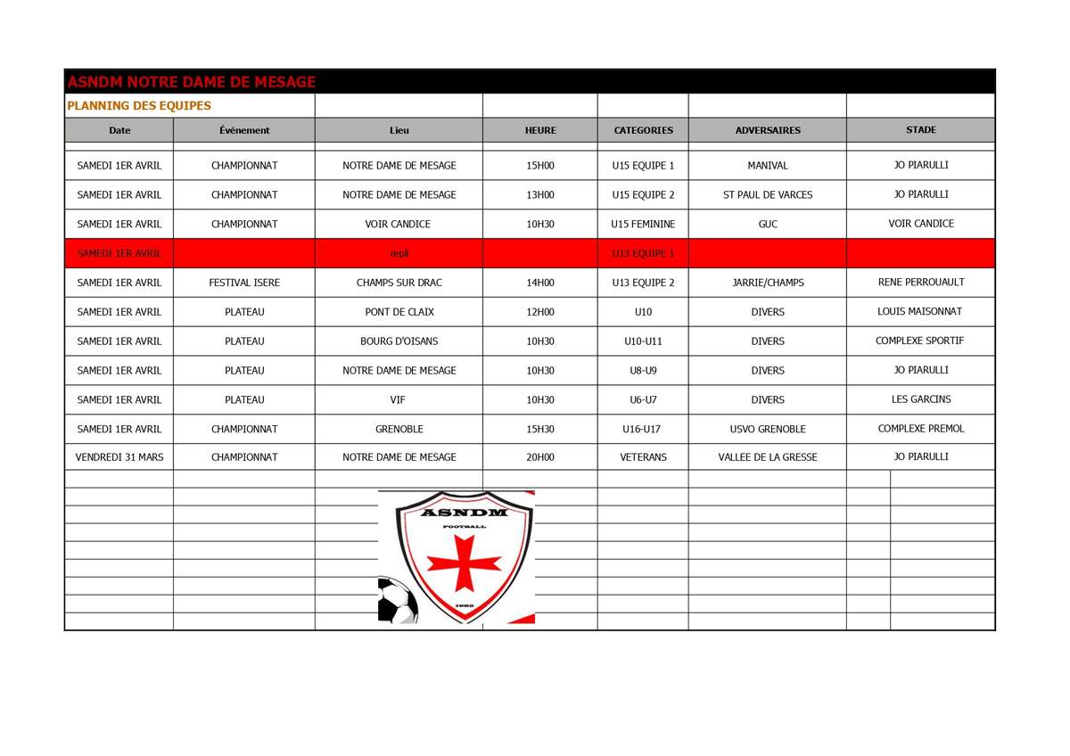 Album PLANNING DU WEEK END Photo N1 Club Football As Notre Dame