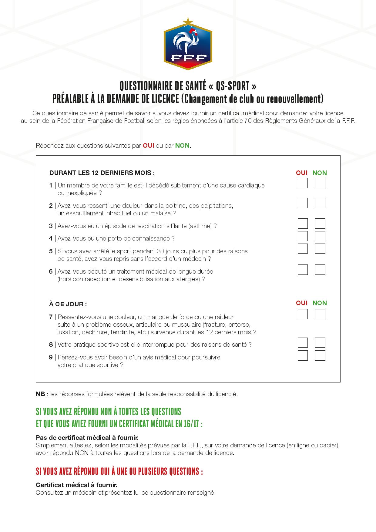 Questionnaire de santé -licence - club Football Gars Saint ...