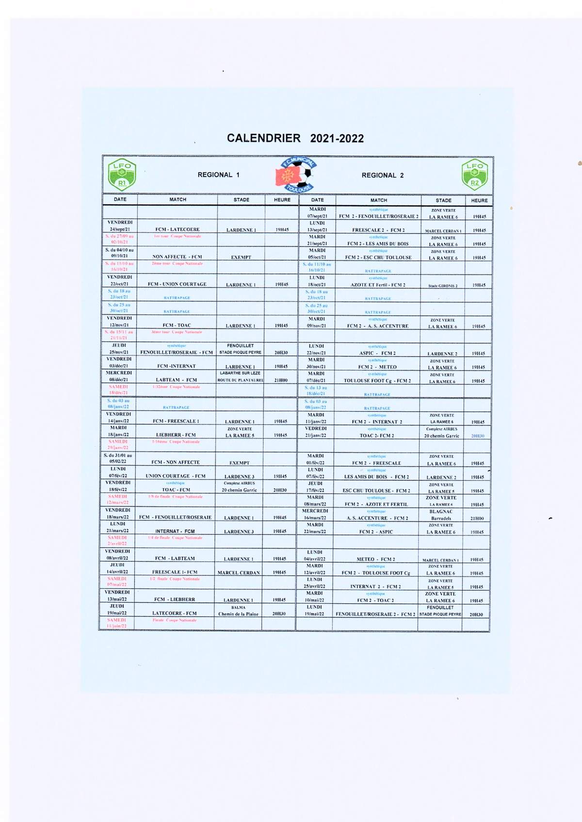 Actualité - calendrier 2021-2022 - club Football Football Club