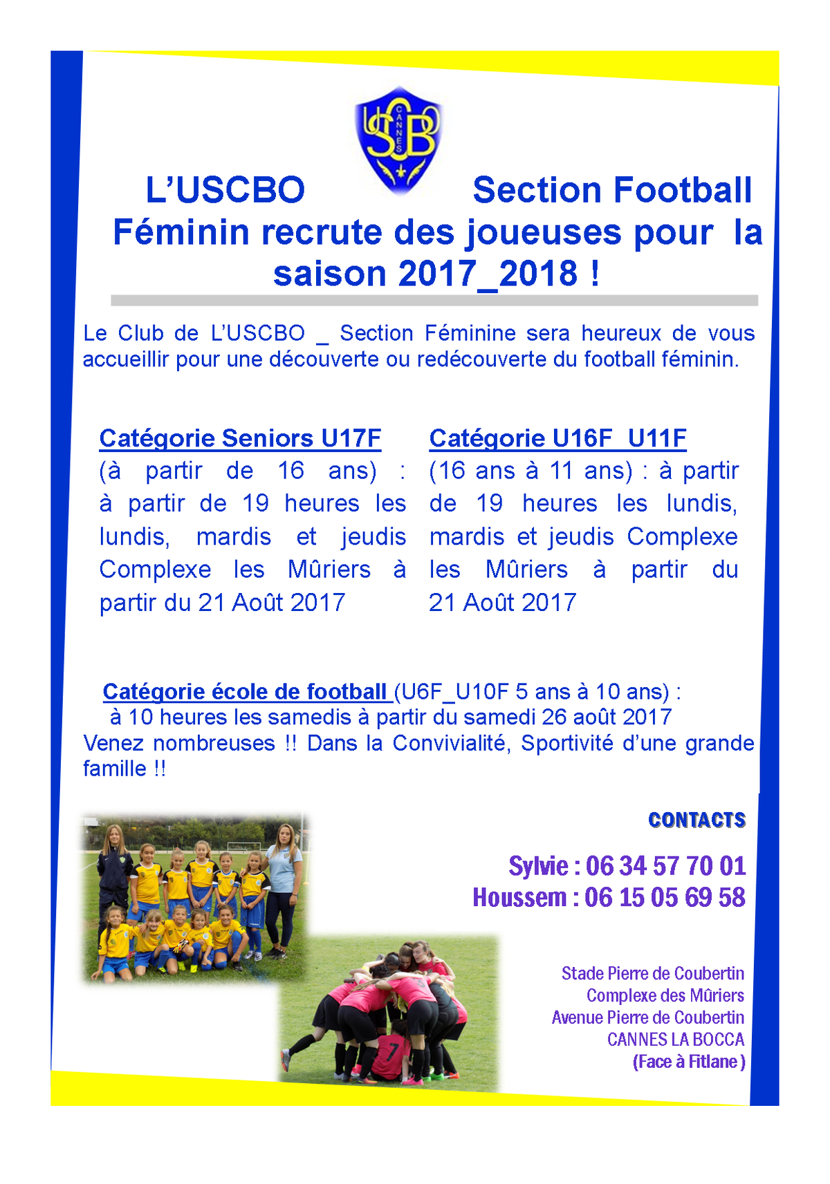 Actualité - La Section Féminine Recrute _ Reprise des... - club Football UNION SPORTIVE CANNES ...