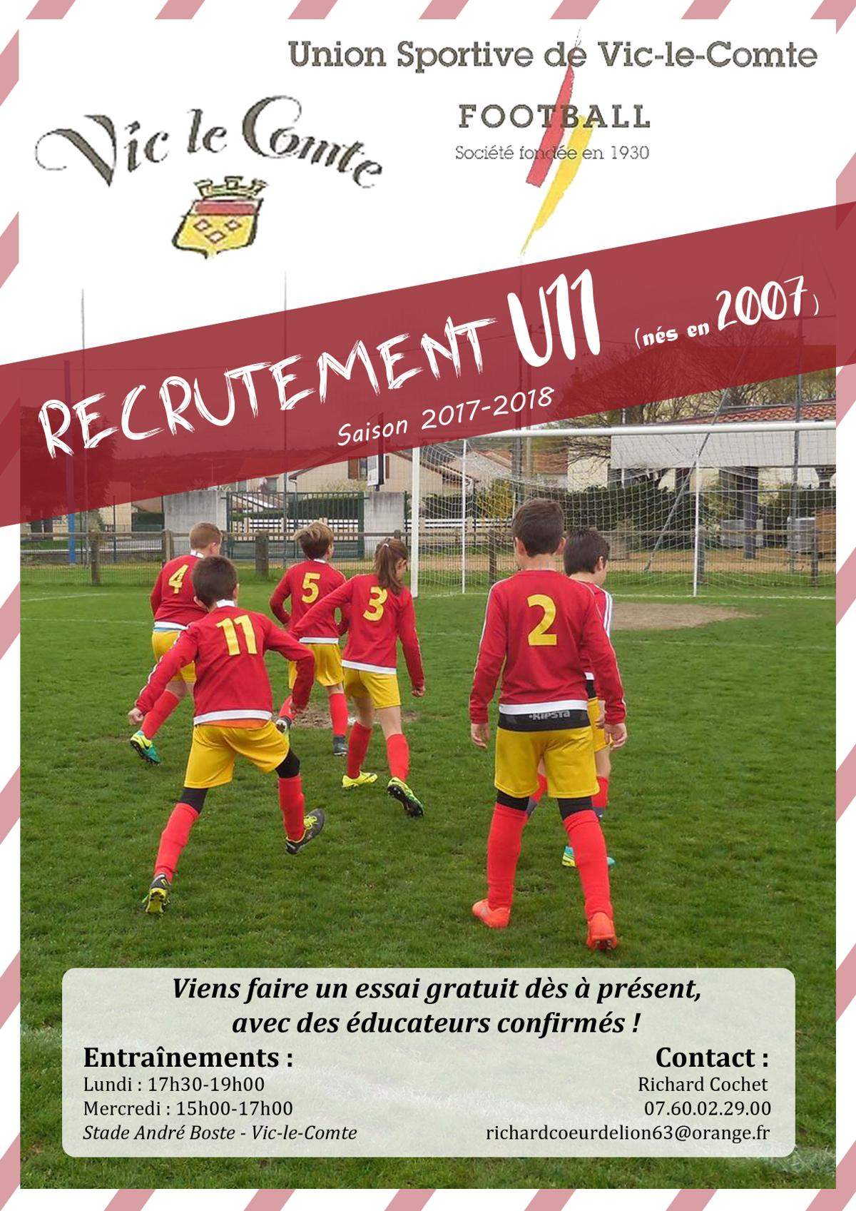 Actualité - Recrutement U11 - club Football US VIC LE COMTE - Footeo