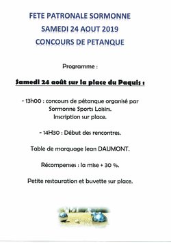 concours de pétanque (doublette formée)  le samedi 24 août 2019 place du Paquis à Sormonne