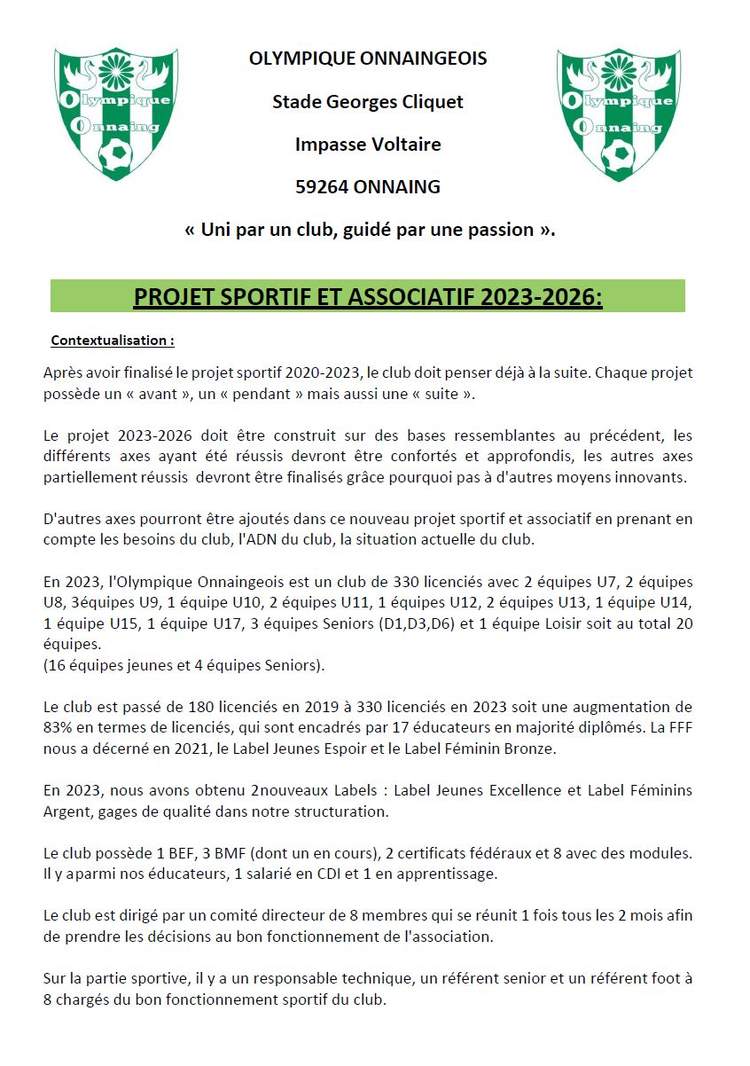 Actualité - PROJET ASSOCIATIF ET SPORTIF 2023-2026 - Club Football ...