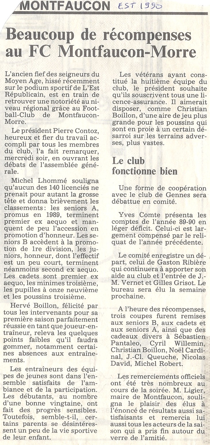 01/06/1990 - Beaucoup de récompenses au FC Montfaucon - Morre